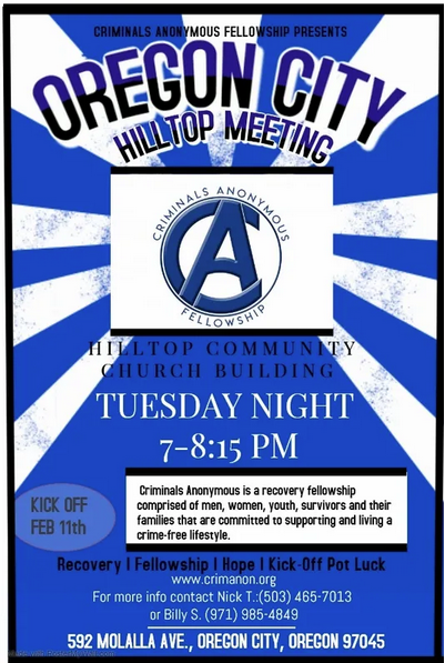 You are currently viewing CA – Crim-Anon – Criminals Anonymous Fellowship – OREGON CITY HILLTOP MEETING – Tuesday